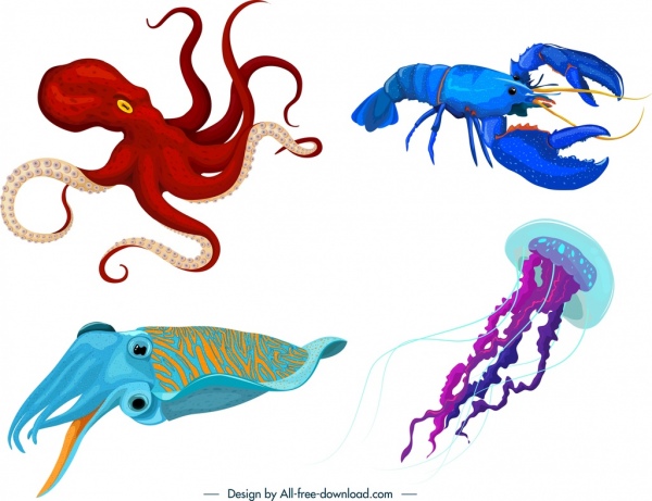 Ícones de animais marinhos Polvo lagosta lula água-viva contorno