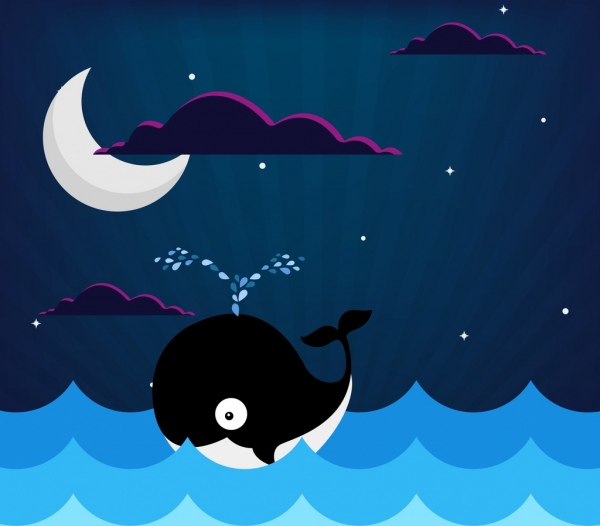 海の背景色の三日月のクジラのアイコンを描画