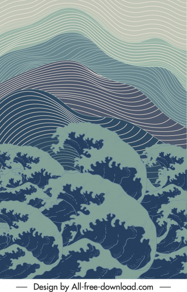 deniz arka plan şablonu retro dalgalar eğrileri el çizmiş hareket