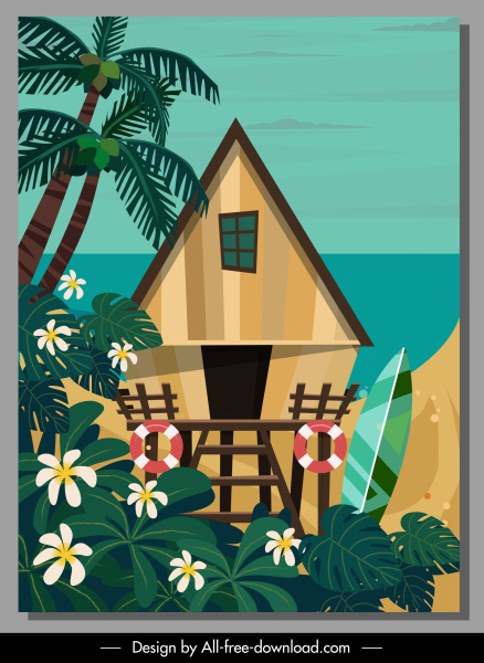 bungalo laut rumah lukisan desain warna-warni klasik