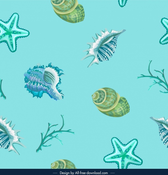 mare creatura modello conchiglie stelle marine icone arredamento blu