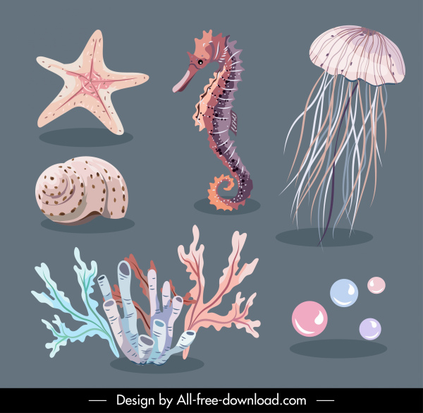 criaturas marinas iconos diseño clásico dibujado a mano