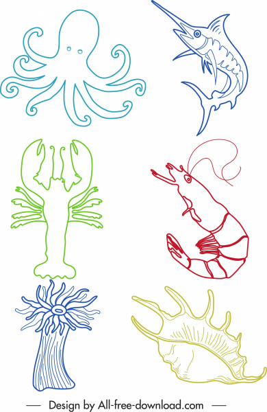 морские существа иконы цветные начертанные контуры