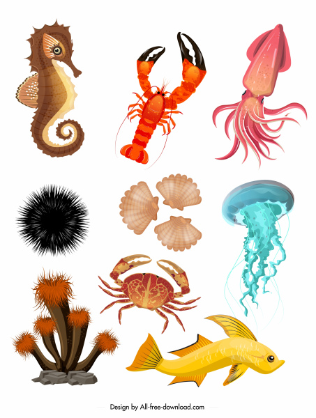 créatures de la mer icônes colorées croquis moderne