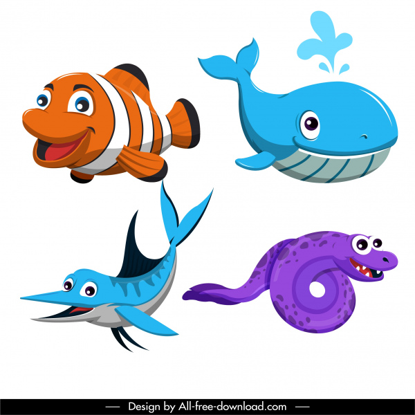Sea Creatures Icons Cute Cartoon Characters Colored Design-vector Cartoon-free  Vector Free Download