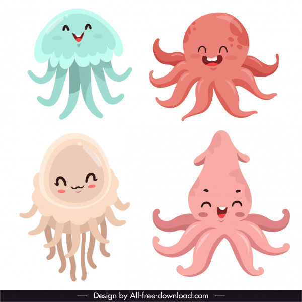 Sea Creatures Icons Cute Cartoon Characters Sketch