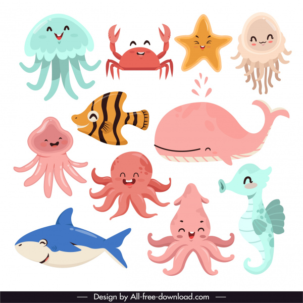 ícones criaturas marinhas engraçado desenho animado esboço de personagem