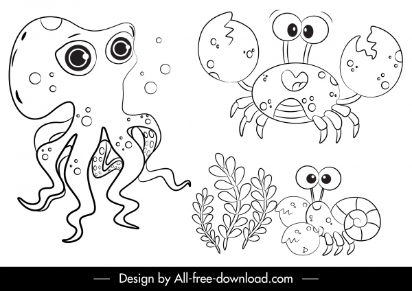 morskie stworzenia ikony ośmiornicy kraba szkic zabawny projekt kreskówki