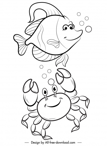 海の生き物のアイコンは、漫画のスケッチ手描きのデザインを様式化