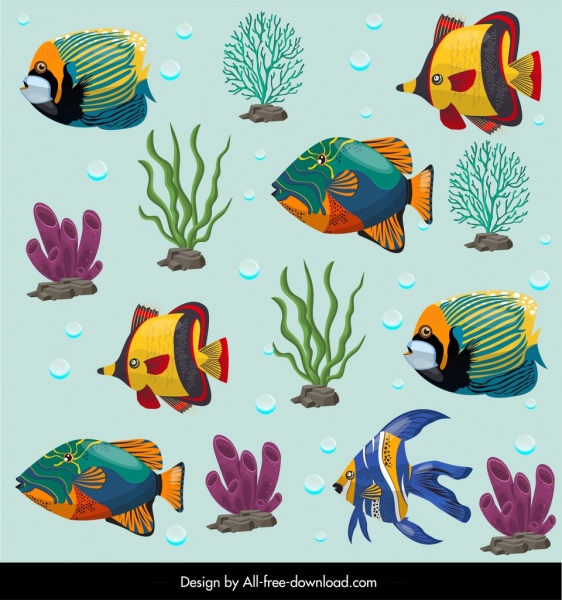 바다 생물 다채로운 물고기 산호 장식 패턴