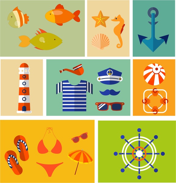 Ilustración de elementos de diseño de mar con varios específicos