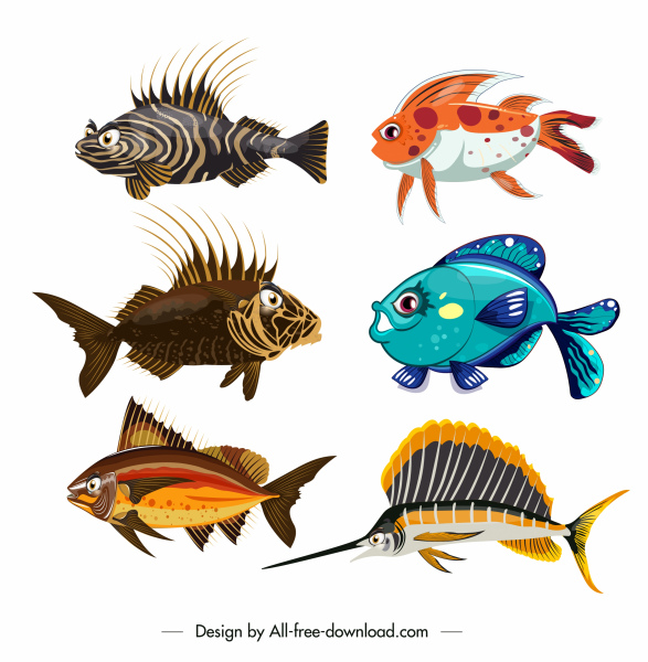 morskich gatunków ryb ikony kolorowe nowoczesny design