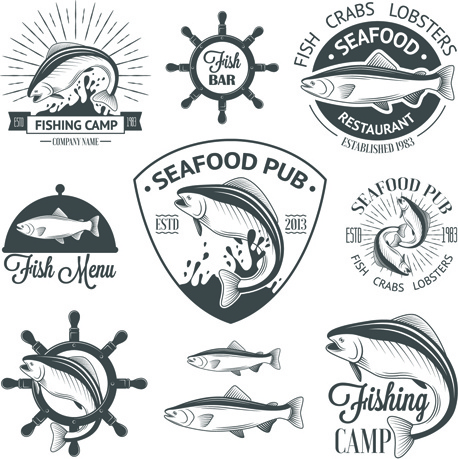 emblemas de alimentos do mar com rótulos vetor definido