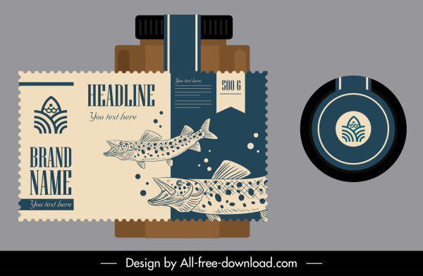 Meer-Lebensmittel-Label-Vorlage klassische handgezeichnete Fisch Dekor