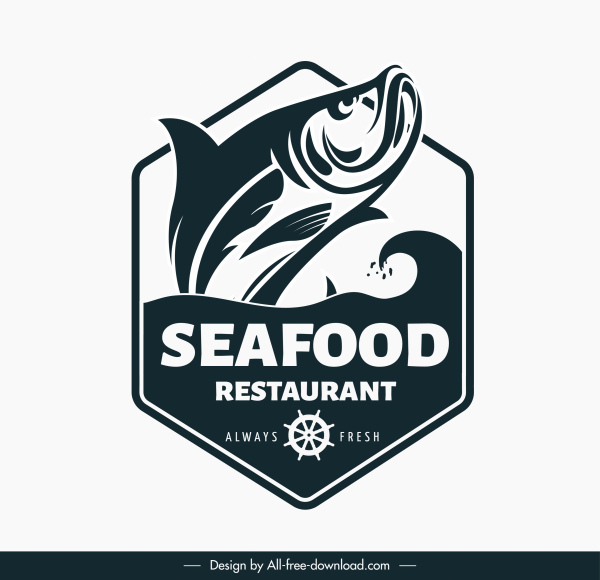 морская еда логотип шаблон динамических рыб ручной эскиз