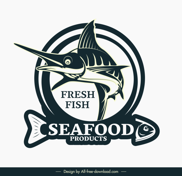 plantilla de logotipo de marisco dinámico 3d de pescado dibujado a mano
