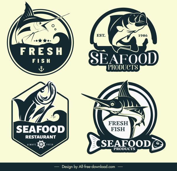 logotipos de alimentos marinhos dinâmicos esboço de peixe desenhado à mão