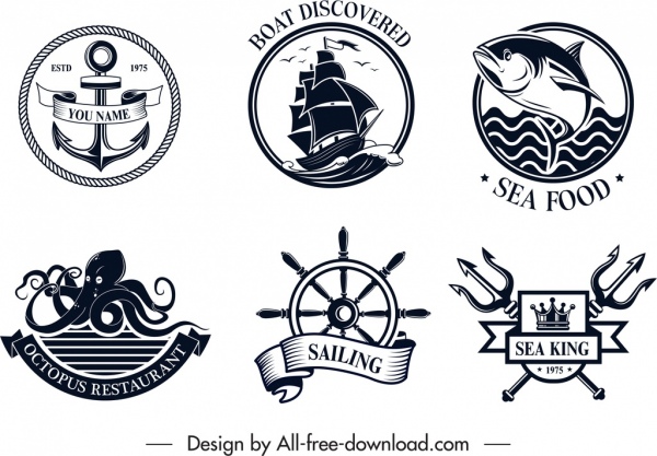 Modèles de logo de mer noir blanc design classique