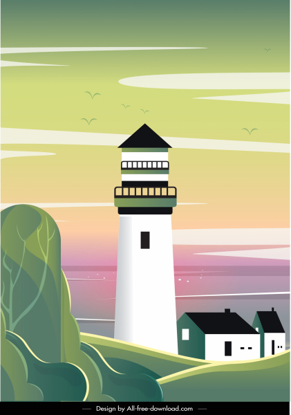 морская сцена фон маяк эскиз красочный плоский дизайн
