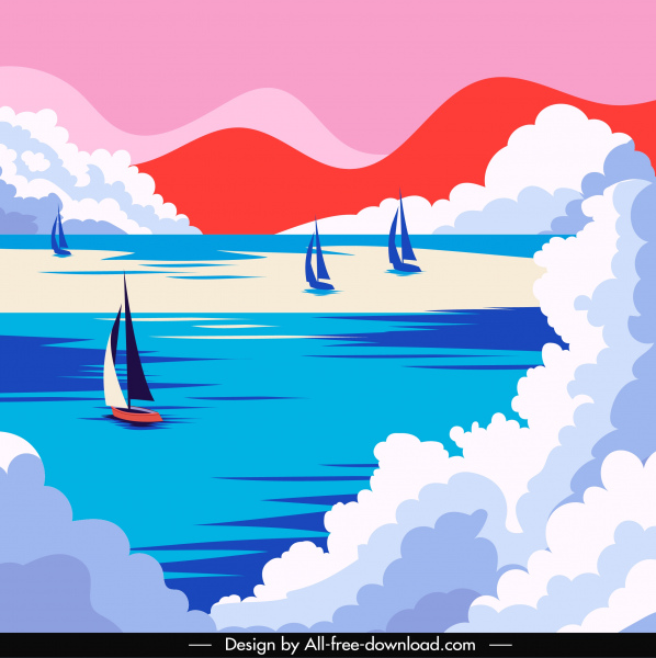 Deniz sahne boyama renkli klasik tekneler bulutlar dekor