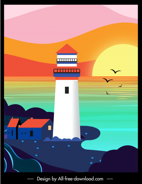 海のシーン絵画灯台日没スケッチカラフルなフラット