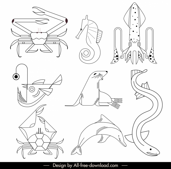 ícones espécies marinhas preto branco desenhado à mão esboço
