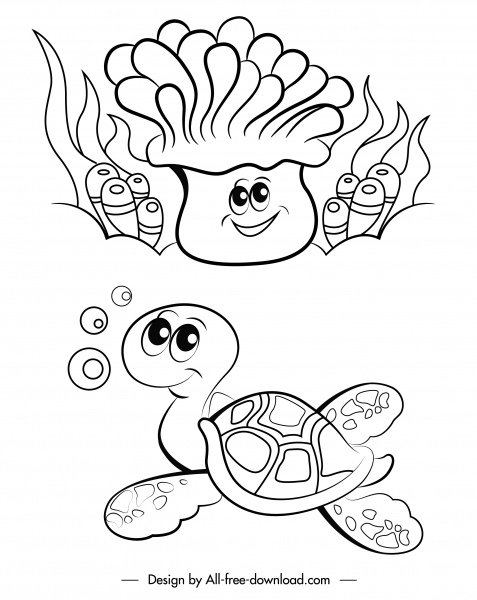 espécies marítimas ícones coral tartaruga esboço estilizado à mão