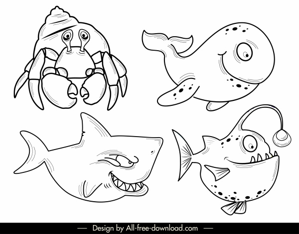 Seearten Ikonen Krabben Hai Wal Fisch Skizze