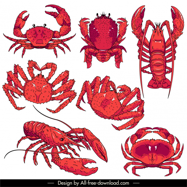 ícones de espécies marinhas vermelhos desenhados à mão design clássico