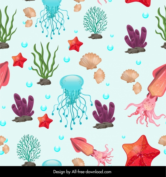 Deniz Türleri Desen Renkli Hayvanlar Simgeler Dekor