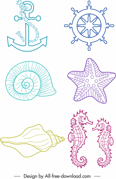 símbolos do mar ícones handdrawn âncora roda espécies esboço