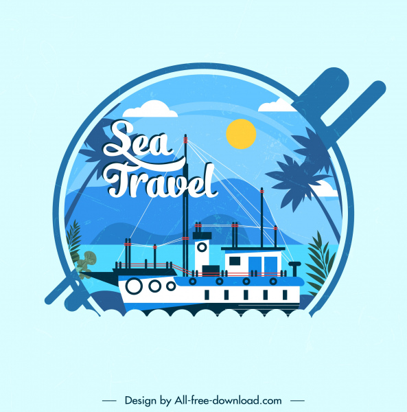 tarjeta de viaje de mar fondo de la decoración del barco colorido plana