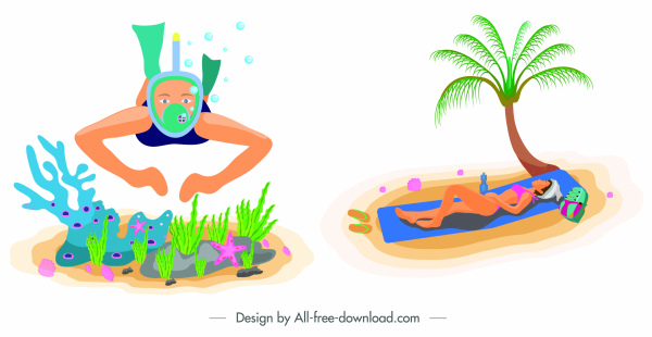 bosquejo de los iconos de viaje de mar buceo a mujer para tomar el sol