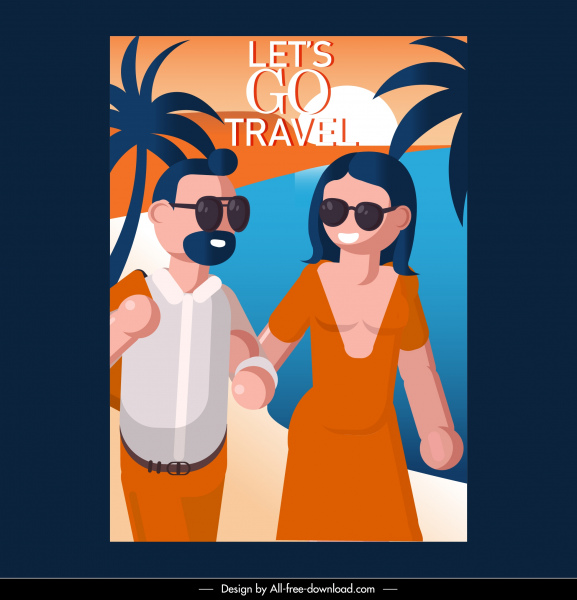 affiche de voyage en mer heureux couple croquis dessin animé conception