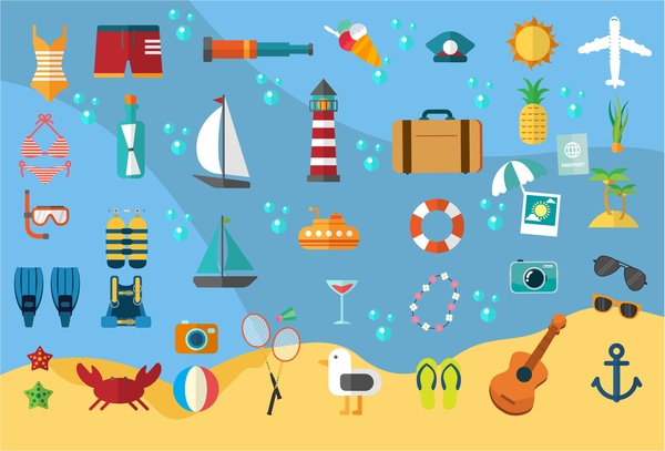 ilustração em vetor mar viagens com ícones coloridos lisos