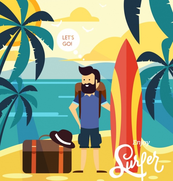 바다 여행 남자 서핑 보드 수하물 바다 아이콘 광고