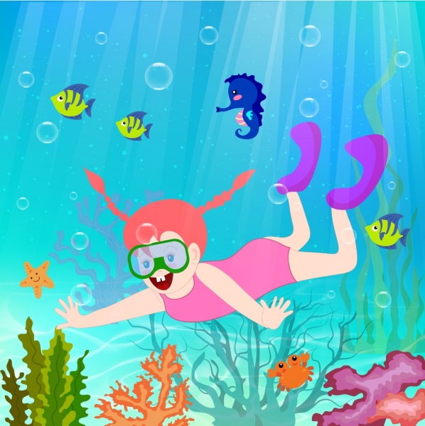 fundo de férias mar mergulho ícones de criaturas do mar menina