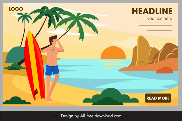 cartel de vacaciones de mar hombre tabla de surf dibujo dibujo diseño de dibujos animados