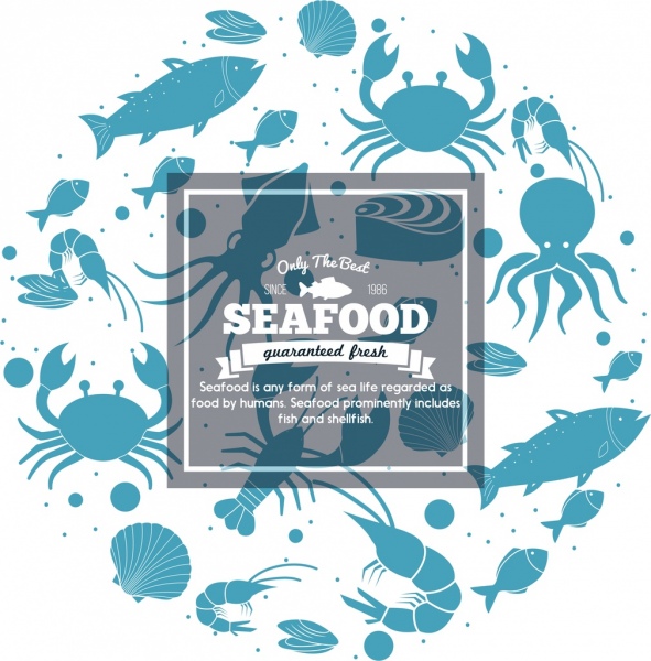 silhueta de espécies marinhas do marisco anúncio ícones azuis