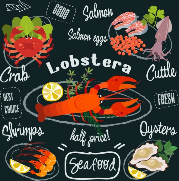 Seafood iklan ikon berwarna-warni dekorasi kaligrafi