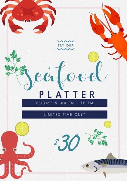 ícones de polvo camarão de caranguejo peixe de banner de publicidade de frutos do mar