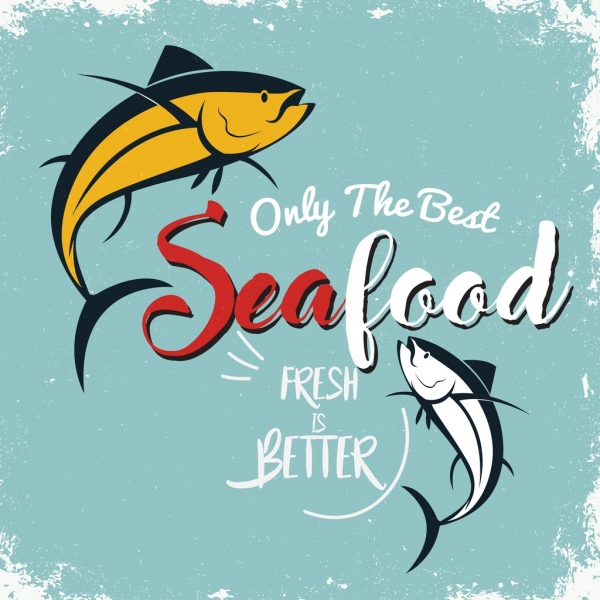 морепродукты, рекламный баннер рыбы значок ретро дизайн