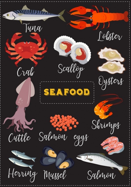 魚介類の広告の暗いデザイン様々 な色付きのアイコン