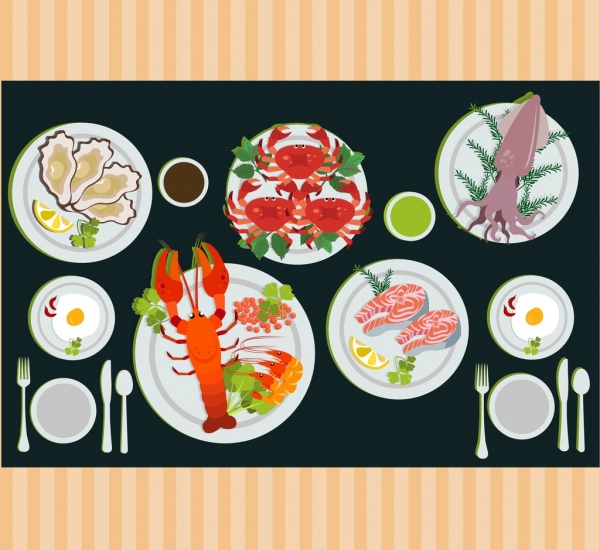 다양 한 광고 하는 해산물 접시 장식 아이콘