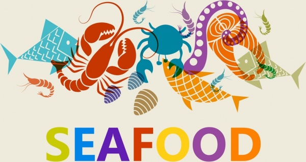 iconos de coloridas especies marinas de pescados y mariscos fondo planos croquis