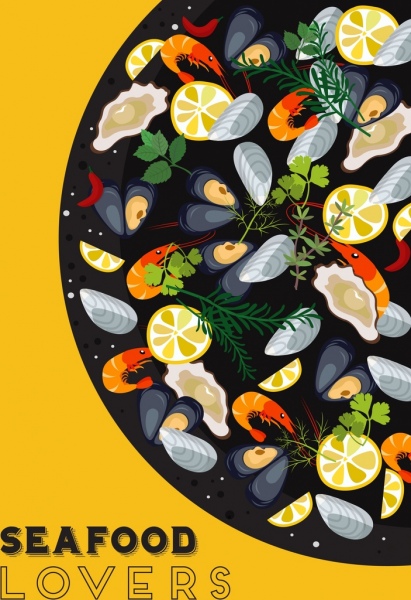 makanan laut latar belakang masakan segar ikon dekorasi warna-warni