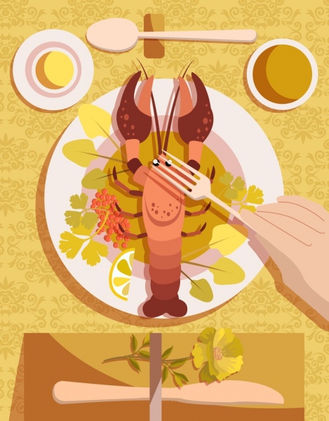 Seafood latar belakang lobster piring ikon tangan dekorasi klasik