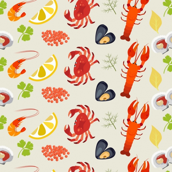 Meeresfrüchte-Hintergrund bunte Meerestiere Symbole wiederholen