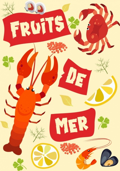 Seafood latar belakang warna-warni spesies ikon dekorasi