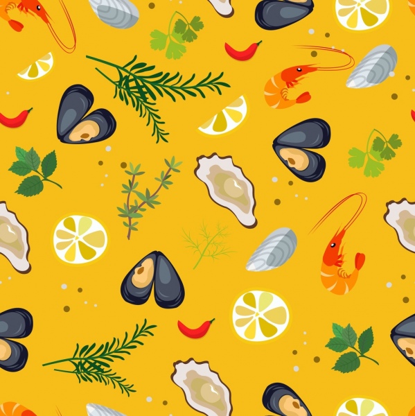 Meeresfrüchte Hintergrund Austern Garnelen Zutaten Symbole wiederholen Design